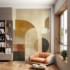 a living room with an orange chair and bookshelf next to it on the wall