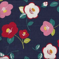 a blue background with red and pink flowers