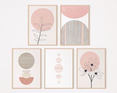 four framed art pieces with flowers and circles on the wall above them, all in neutral colors