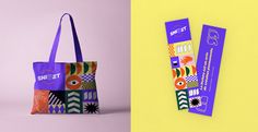 two bags with different designs on them, one is purple and the other is orange