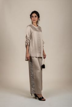 Unstitched Luxury Elegant Pant Set, Luxury Embroidered Pant Set For Reception, Luxury Cotton Sets With Stand Collar, Luxury Beige Sets For Eid, Luxury Elegant Sets For Eid, Muslim Cord Set Dresses, Luxury Silk Pant Set For Festive Occasion, Luxury Festive Sets With Unstitched Blouse, Luxury Women's Pant Set For Festive Occasions