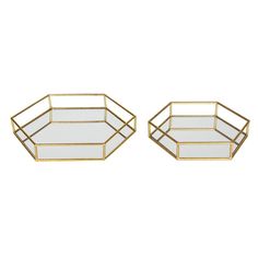 two metal trays with gold trim on each side