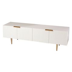 the sideboard is white and has two gold handles on each side, along with three drawers