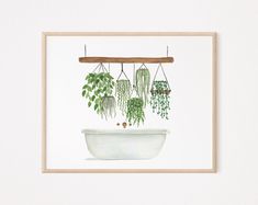 a painting of hanging plants in a bathtub on a white wall next to a wooden frame