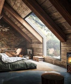 an attic bedroom with stone walls and wooden ceilings, large bed in foreground, wood burning stove on the far side