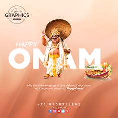 there is a happy onam message with an image of a man holding a parasol