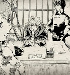 three anime characters are sitting at a table