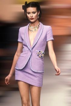 ICONIC Spring 1995 CHANEL Lavender Tweed Sequins Skirt Suit as seen on Claudia For Sale at 1stDibs | chanel tweed skirt suit, claudia lavender age, claudia harrah Chanel Spring 1995, Chanel Skirt Suit, Chanel Skirt, Golden Moments, High Waisted Skirts, 90s Runway Fashion, Runway Fashion Couture, Mode Chanel, Chanel Jacket