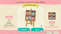 an animal crossing game screen showing how to use the art easel for knitting yarn