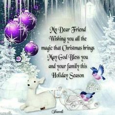 a christmas card with a white reindeer and purple ornaments