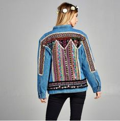 New With Tags A Classic Denim Look In Front And Intricate Embroidery Work On The Back Takes This Jacket From Casual To Boho-Chic With Just A Quick Turn. Winter Denim Jacket With Multicolor Embroidery, Bohemian Blue Denim Jacket For Winter, Embroidered Denim Outerwear For Festival, Bohemian Embroidered Denim Jacket For Fall, Casual Festival Outerwear With Floral Embroidery, Casual Floral Embroidered Outerwear For Festivals, Spring Festival Denim Blue Outerwear, Casual Floral Embroidery Outerwear For Festivals, Bohemian Blue Denim Jacket For Fall