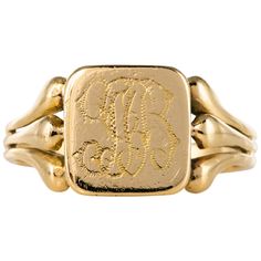 Ring in 18 karat yellow gold, horse's head hallmark. The top of this antique signet ring is square and has the initials J G B. On either side, three openwork palmettes give the start of the ring. Height : 10.3 mm, width : 10 mm, thickness : about 2 mm, width at the base of the ring : 2.6 mm. Total weight of the jewel : approximately 5.5 g. US Size : 9 ; Free resize, please contact us. Authentic antique jewel - French work from the beginning of the 20th century. Patina and small scratches of time Engraved Signet Ring, Antique Gold Rings, Arm Wear, Signet Ring Men, Signet Rings, Gold Sign, J G, Gold Signet Ring, Gold Engraving