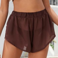 Never Worn Solid High-waisted Shorts For Beach, Summer Beachwear Bottoms In Brown, Brown Beach Season Bottoms With Elastic Waistband, Brown Bottoms With Elastic Waistband For Beach Season, Brown Elastic Waistband Bottoms For Beach Season, High Waist Brown Shorts For Beach, Brown High Waist Shorts For Beach, Brown High-waisted Shorts For Beach, Brown Bathing Suit