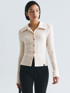 Editor's notesThis slim fitting cardigan features classic collared design and button fastenings through front. Subtle texture adds to the romantic mood.  - Soft and stretchy cotton blend fabric- Wide collar design for casual mood- Cute logo label at hem- Both casual and feminine styleComposition & Care- 68% Polyester, 20% Cotton, 7% Rayon, 5% Spandex - Dry CleaningDesigner- by CITYBREEZE Collar Cardigan Outfit, Adele Dress, Cardigan Outfit, Johnny Collar, Denim Outerwear, Collar Cardigan, Ribbed Cardigan, Flounce Sleeve, Midi Maxi Dress