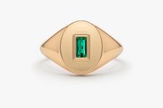 "Emerald Signet Ring in 14k Gold / Baguette Emerald Pinky Ring / Gold Pinky Ring Features *Made to Order. *Gold Kt: 14K *Custom Gold Color: Rose Gold, Yellow Gold, White Gold *Baguette Emerald: 1pcs 4.2x 2.3MM *Total CTW: 0.15ctw *Setting Type: Bezel *Width of Band: Graduates from 7.5MM to 2MM *Center Oval: 10.00mm x 8.5mm *Ready to Ship in 7-10 Business Days Be sure to hit \"favorite\" on the right so it remains on your favorites list and/ or add to your wish list(s). ▶ Want to find out more? C Emerald Signet Ring, Radiant Diamond Rings, Gold Pinky Ring, May Birthstone Rings, Pave Diamond Earrings, Diamond Signet Ring, Gold Heart Earring, Oval Cut Engagement Ring, Gold Signet Ring