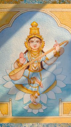 Painting Of Hindu God, Saraswati Watercolor Painting, Gods Paintings Hindu, Durga Maa Watercolor Painting, Lord Aesthetic Wallpaper, Sarswati Maa Paintings, Sarswati Maa Drawings