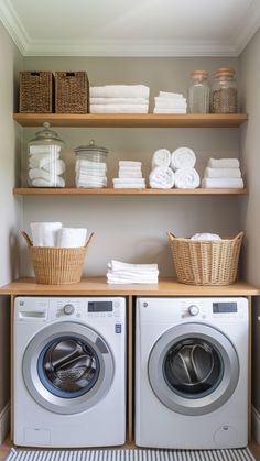 Small laundry room makeover featuring easy DIY projects, gray walls, over-the-washer-and-dryer storage, and washer dryer organization tips. Includes ideas for a laundry room nook with a drying rod and a laundry counter for added functionality.