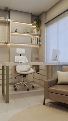 an office with a couch, chair and desk