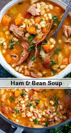 ham and bean soup in a white bowl