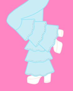 a pink background with a blue dress and white shoes