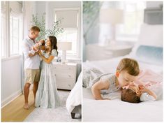 a man and woman standing next to a baby on a bed