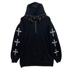 PLEASE ASK ANY QUESTION BEFORE BUYING  THIS IS USED CLOTHING PLEASE DON'T EXPECTED IT TO BE LIKE NEW OR IN PRISTINE   Chrome Hearts Design Gothic Cross Logo Pullover Hoodie Sweater Sweatshirt  Tag jamie Material polyester, cotton  Size on tag M Measures About (Approximately)  -Armpit to Ampit : 25 inch  -Length (back collar down) : 33 inch -Shoulders : 24 inch  -Sleeve Length : 25 inch Condition : used good condition  9/10 **No Tears, No Stains And No Holes** PLEASE READ THE DESCRIPTION AND POLI Streetwear Hoodie Sweatshirt, Punk Hoodie With Adjustable Hood And Long Sleeves, Punk Style Long Sleeve Hoodie With Adjustable Hood, Gothic Crosses, Heart Clothes, Chrome Hearts, Used Clothing, Pullover Sweatshirt, Heart Design