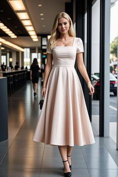 Simple Tea Length Dress, Middle School Dance Dresses Modest, Summer Simple Dress, Dress Modeling Poses, Neck Styles For Dresses, Fancy Clothes Women, Square Neck Dress With Sleeves, Commencement Dress, Cute Dress Patterns