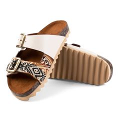 The untamed spirit of deserts across the Americas strike hot in these supremely comfortable and lightweight buckle sandals. Featuring authentic Peruvian textiles on the lower strap, contrasted with a clean white upper strap, you will wear these all season long. Easy slide on and go Two adjustable straps with brass pin buckles for precise fit Contoured footbed for support Vegan White Sport Sandals With Buckle Closure, White Sport Sandals With Buckle Closure And Round Toe, White Footbed Sandals With Buckle For Vacation, Comfortable White Sandals With Adjustable Strap, White Double Strap Sport Sandals With Cushioned Footbed, White Open Toe Footbed Sandals With Adjustable Strap, White Casual Sandals With Adjustable Straps, White Comfortable Sport Sandals With Adjustable Strap, Comfortable White Sport Sandals With Adjustable Strap