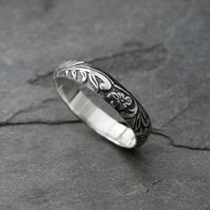 Sterling Silver Etched Ring Band, Embossed Stacking Ring, Floral Pattern, Leaves and Flowers, Wedding, Engagement, Promise Wedding Bands With Etched Detail And Adjustable Fit, Engraved Stackable Toe Rings For Wedding, Stackable Flower Ring With Round Band For Wedding, Adjustable Etched Wedding Bands, Stackable Flower Ring For Wedding, Spiritual Adjustable Engraved Wedding Ring, Adjustable Engraved Spiritual Ring For Wedding, Adjustable Spiritual Engraved Wedding Ring, Wedding Adjustable Etched Bands