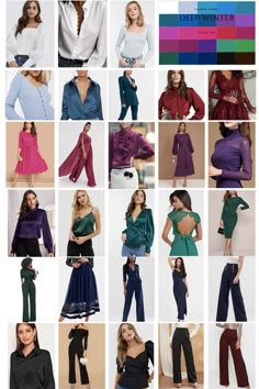 many different types of women's clothing are shown in this collage, including shirts and pants