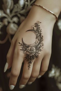 Celestial Mushroom Tattoo, Goddess Moon Tattoo, Whimsical Moon Tattoo, Moon Tattoo Designs Goddesses, Witchy Tattoos For Women, Witchy Hand Tattoos, Moon Hand Tattoo, Moon Tattoos For Women, Feminine Hand Tattoos