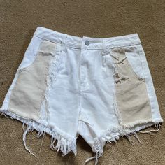 Tan And White Patchwork Distressed Jean Shorts. Never Worn. S Casual White Bottoms With Patchwork, Casual White Patchwork Bottoms, White Patchwork Bottoms For Spring, White Cotton Cutoff Shorts, White Patchwork Shorts For Summer, High Waist Cotton Patchwork Shorts, White Patchwork Short Bottoms, Jean Patchwork, Shein Shorts