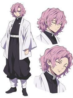 three different poses of an anime character with pink hair