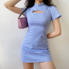 Cuadros Aesthetic, Aesthetic Morado, Chinese Street Style Fashion, Chinese Street Style, Blue Gingham Dress, Simple Style Outfits, Fe Clothing, Myanmar Traditional Dress, Short Dresses Casual