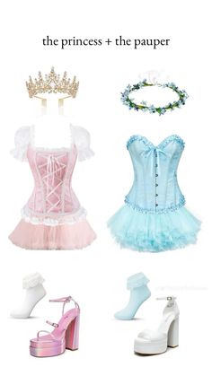 the princess and the pauer costume is shown in three different colors, including pink, blue