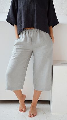 "Midnight blue culottes linen pants for woman. Short loose pants with pockets. Choose size: XS Waist 66 - 68 cm. / (26\" - 26 3/4\") Hips 90 - 92 cm. / (35 1/2\" - 36 1/4\") S Waist 70 - 72 cm. / (27 3/4\" - 28 1/4\") Hips 94 - 96 cm. / (37\" - 37 3/4\") M Waist 74 - 76cm. / (29 1/4\" - 30\") Hips 98 - 100 cm. / (38 1/2\" - 39 1/4\") L Waist 78 - 80 cm. / (30 3/4\" - 31 1/2\") Hips 102 - 104 cm. / (40 1/4\" - 41\") XL Waist 82 - 84 cm. / (32 1/4\" - 33\") Hips 106 - 108 cm. / (41 3/4\" - 42 1/2\ Grey Culottes, Flared Linen Pants, Blue Linen Pants, Linen Culottes, Culottes Pants, Culotte Shorts, Casual Linen Pants, Pants Short, Linen Pajamas