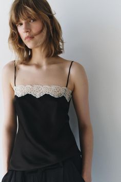 LACE LINGERIE STYLE TOP ZW COLLECTION Lace Top Lulus, Black Cami Blouse, Romantic Fitted Camisole Affordable, Lace Undershirt Women, Lace Camisole And Shorts, Bralet Over Dress, Necklace With Lace Top, White Button Down Black Lace Bra, Lace Fabric Clothes