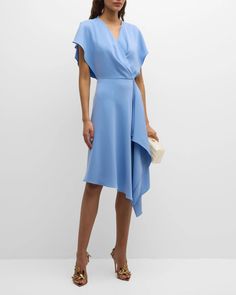 Black Halo Marley Draped Dolman-Sleeve Midi Dress | Neiman Marcus Black Halo, Surplice Neckline, Midi Dress With Sleeves, Asymmetrical Design, Asymmetrical Dress, Dolman Sleeve, Designer Outfits Woman, The Ordinary, The Knee