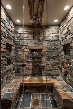 Luxurious Stone Shower: Spa-Like Retreat Stone Showers, Rustic Cabin Bathroom, Bathroom Tub Shower Combo, Beautiful Houses Exterior, Creative Bathroom Design, Neutral Bedroom Design, Utility Room Designs, Freestanding Tubs, Mountain Interiors