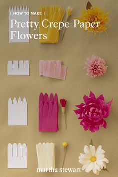 paper flowers and other crafting supplies laid out on a brown surface with one flower in the middle