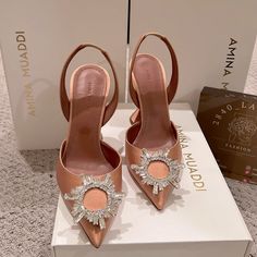 Super Hard To Find Amina Muaddi Begum Slingback In Chestnut. Fits True To Size. Please See My Previous Transaction History For Ratings And Reviews. You Can Also Visit My Insta @2840_lamode. Elegant Brown Slingback Pumps For Party, Designer Slingback Pumps For Wedding, Chic Brown Heels For Wedding, Luxury Brown Slingback Pumps For Evening, Luxury Brown Slingback Pumps For Party, Brown High Heel Wedding Shoes, Amina Muaddi Slingback, Luxury Beige Slingback Pumps For Party, Brown High Heel Wedding Heels