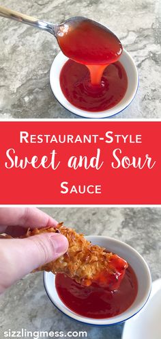 a person dipping sauce on some food in a white bowl and another photo with the words restaurant - style sweet and sour sauce