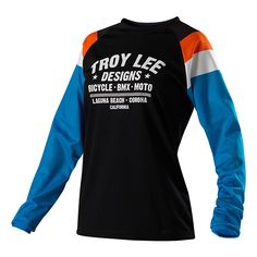 a black and blue long sleeve shirt with orange, white, and blue details on the sleeves