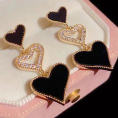 Rhinestone Heart, Black Heart, Enchanted, Drop Earrings, Beauty, Black