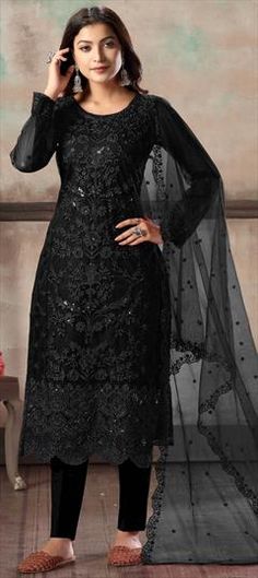 Black and Grey color Salwar Kameez in Net fabric with Embroidered, Sequence, Thread work Semi-stitched Black Churidar With Self Design, Black Traditional Wear With Sheer Dupatta For Wedding, Elegant Black Embroidered Churidar, Black Salwar Kameez With Intricate Embroidery For Wedding, Black Embroidered Unstitched Suit For Wedding, Formal Black Self Design Kurta, Party Black Kurta With Sheer Dupatta, Black Unstitched Wedding Suit With Dupatta, Black Dupatta For Eid Party