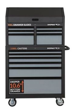 a black tool cabinet with drawers on wheels