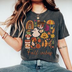 Retro Boho Fall Vibes Shirt | Comfort Colors | Cozy & Chic Autumn Style Embrace the cozy vibes of fall with our Retro Boho Fall Vibes Shirt! This stylish tee combines retro charm with boho flair, making it the perfect addition to your autumn wardrobe. Comfort Colors introduces the "Comfort Colors 1717" garment-dyed t-shirt; a fully customizable tee made 100% with ring-spun cotton. The soft-washed, garment-dyed fabric brings extra coziness to your wardrobe while the relaxed fit makes it an excell Cute Printed Tops For Fall, Fall Funny Print Short Sleeve Tops, Cute Multicolor Fall T-shirt, Funny Print Short Sleeve Tops For Fall, Trendy Fall Tops With Funny Print, Trendy Tops With Funny Print For Fall, Casual Shirt With Funny Print For Fall, Fall Printed Cotton T-shirt, Fall Cotton Printed T-shirt