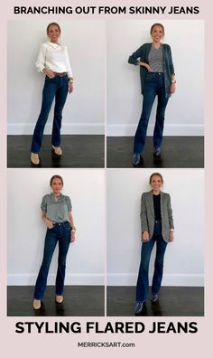 Flared Jeans (How to Style It) - Merrick's Art Dark Flare Jeans Outfit, What To Wear With Flare Jeans, Flared Jeans Outfit Fall, Dark Flare Jeans, Flare Jean Outfit, Pants Business Casual, Outfit Tutorial, White Flare Pants, White Sneakers Outfit