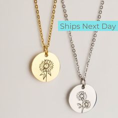 SHIPS NEXT DAY Personalized Sunflower necklace, flower necklace, sunflower charm, floral pendant, custom flower necklace, sunflower jewelry, flower jewelry Disc Size: 16mm diameter. Chain length: 16'', 18'', 20'' Our pieces are high polished gold plated over stainless steel. This won't tarnish. Available in rose gold plated over stainless steel; gold plated over stainless steel and plain stainless steel. HOW TO ORDER: 1. Select your finish. 2. Add your personalization 3. Add to your cart. 4. Sel Sunflower Design Necklace Gift, Sunflower Design Round Necklace As Gift, Sunflower Design Round Necklace For Gift, Gold Sunflower Design Necklace, Mother's Day Sunflower Design Jewelry, Sunflower Design Flower Necklace Gift, Yellow Flower Pendant Necklace With Sunflower Design, Yellow Sunflower Design Flower Pendant Necklace, Silver Sunflower Necklace For Mother's Day