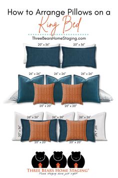 how to arrange pillows on a king size bed with instructions for the sizes and colors